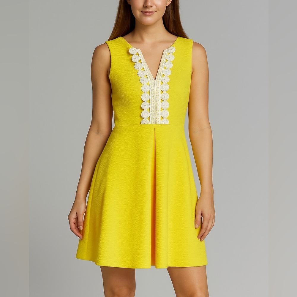 Vince Camuto 8 Yellow White Lace Sheath Above‎ the Knee Dress Bright Fit & Flare